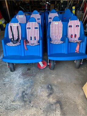 Blue Multi-Seat Kids Wagon with Striped Seat Covers - Bygones?
